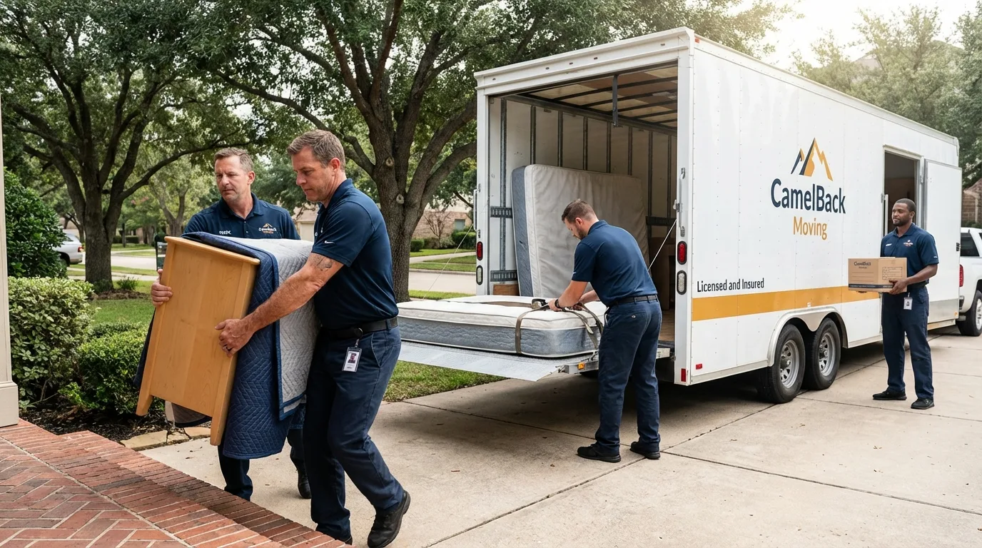 Crew loading residential truck for cross-state move from West Lafayette, IN