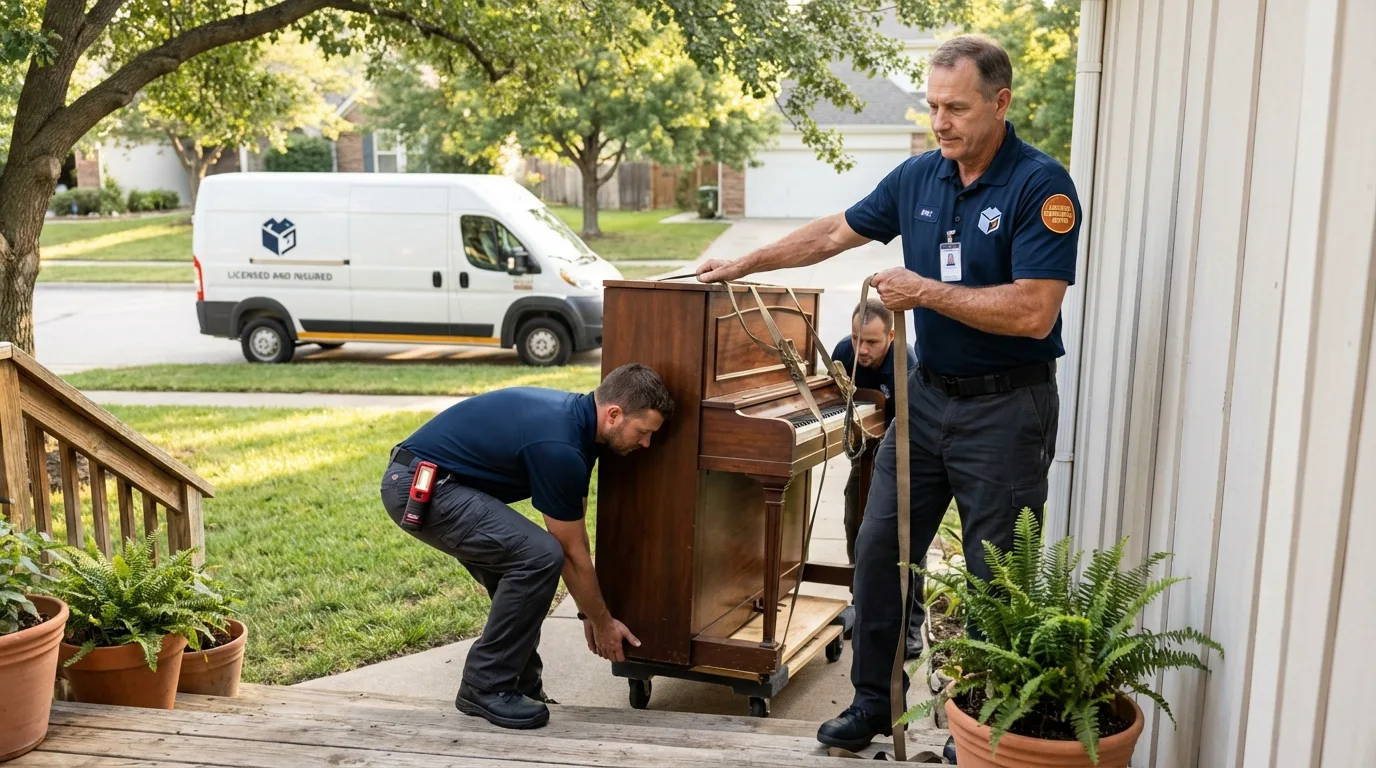 Licensed piano movers securing grand piano in West Lafayette, IN