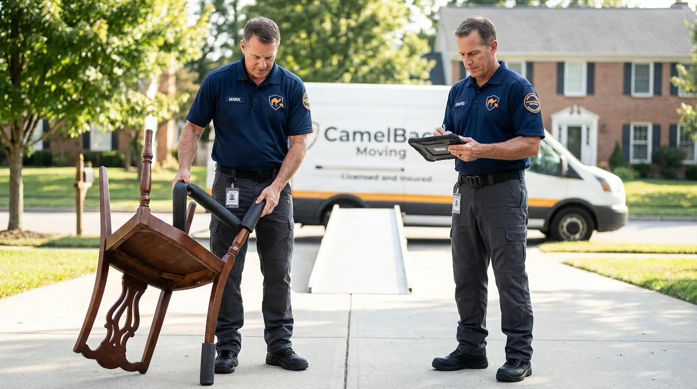 Movers inspecting furniture for damage prevention before loading in West Lafayette, IN