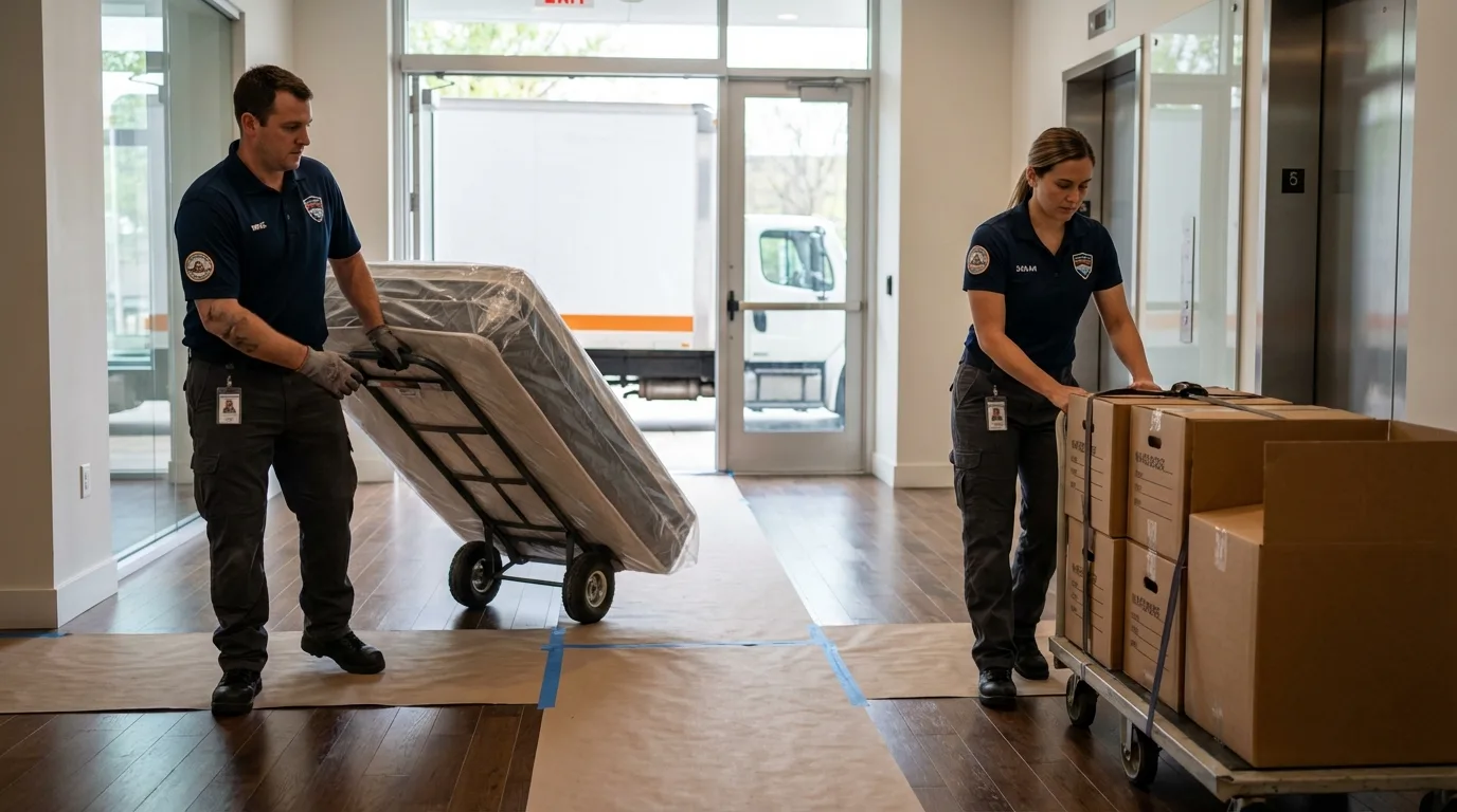 Professional apartment movers loading elevator in West Lafayette, IN