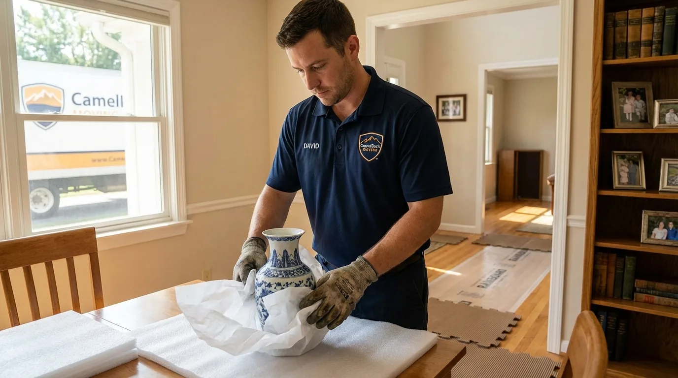 Professional crew carefully wrapping antique vase for senior downsizing move in West Lafayette, IN